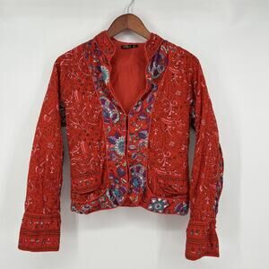 Vintage Phool Jacket Womens Size S Red India Floral Beaded Cotton 90s